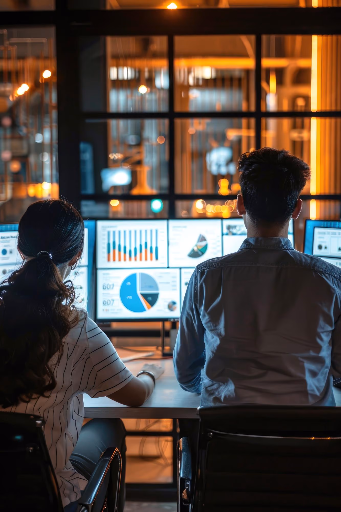 Two people sitting side by side at a desk, looking at multiple computer screens showing colorful charts and graphs in a dimly lit office.