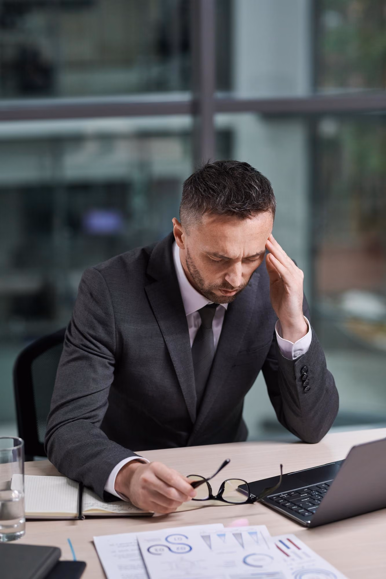 Man in a dark suit sitting at a desk with a laptop, holding his glasses in one hand and pressing his temple with the other, appearing stressed or deep in thought, with documents and a glass of water on the desk.