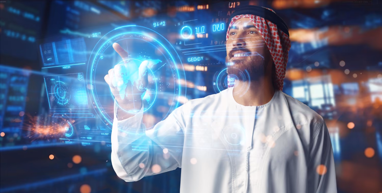 Man in traditional Middle Eastern attire interacting with a transparent futuristic digital globe interface with holographic data elements in a modern workspace.