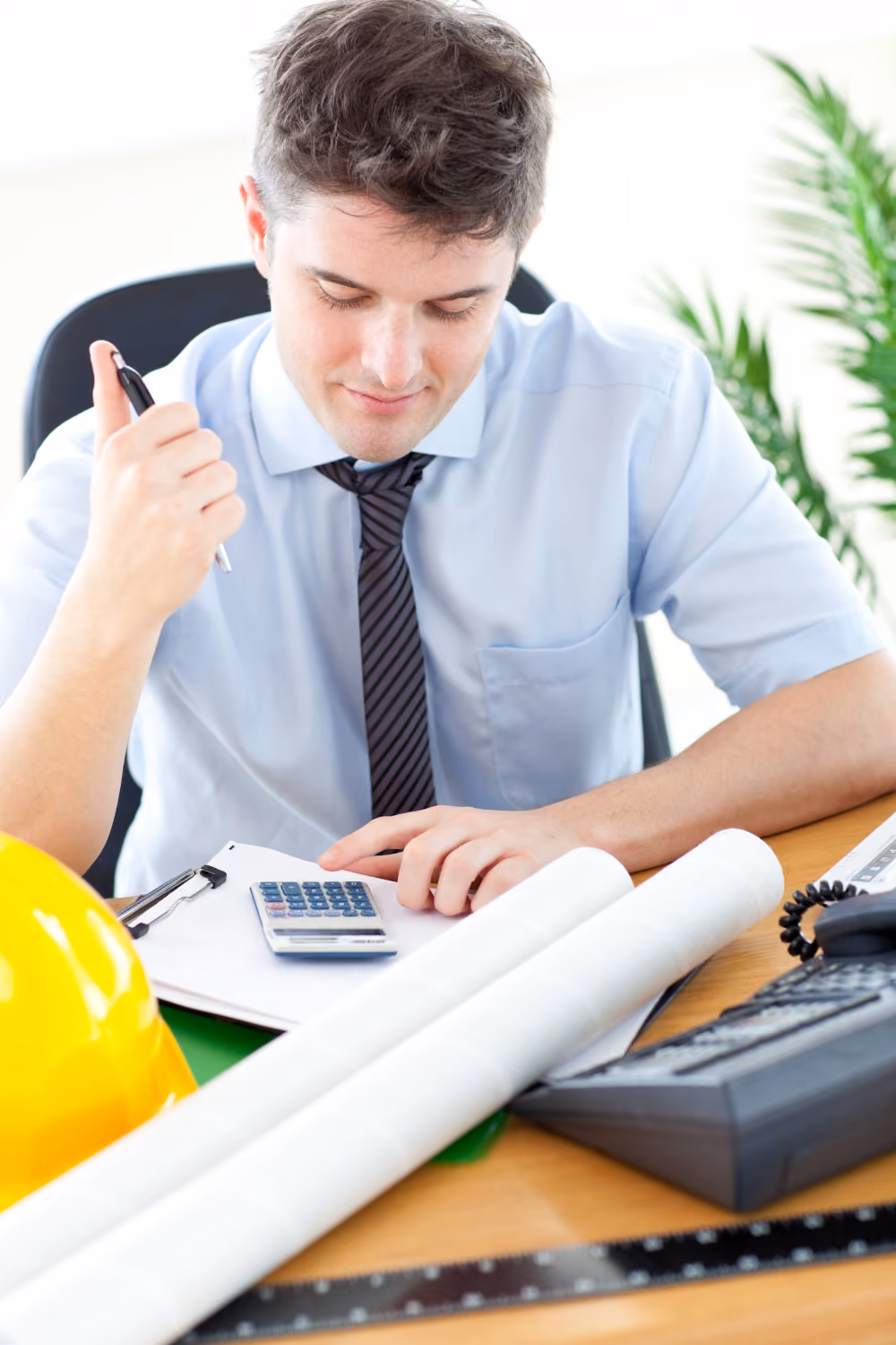 Young man in a light blue dress shirt and striped tie working at a desk with architectural blueprints, a calculator, a yellow hard hat, a keyboard, and a telephone, holding a pen and looking down thoughtfully.