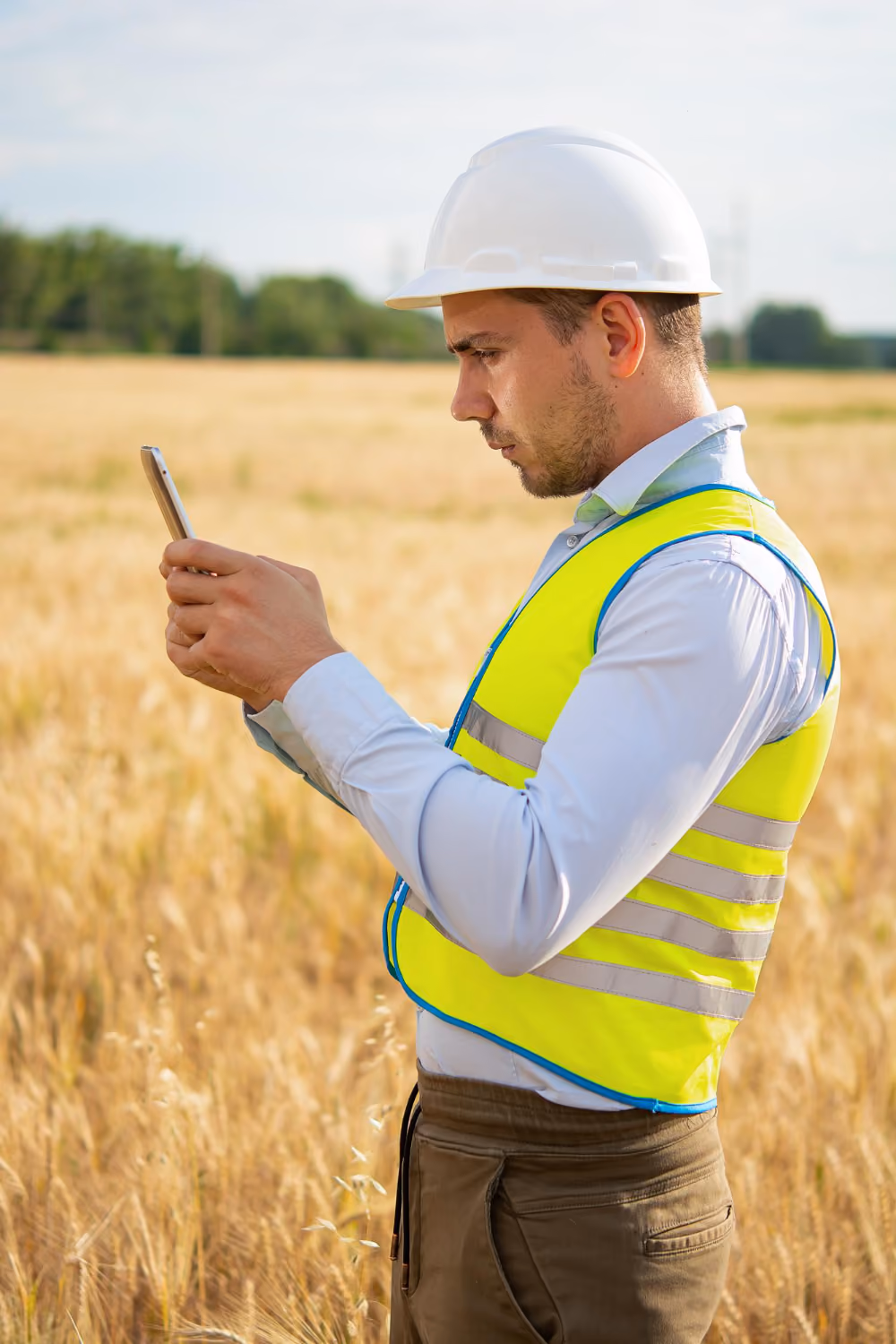 Man wearing a white hard hat and neon yellow safety vest standing in a wheat field, looking intently at a smartphone in his hands.