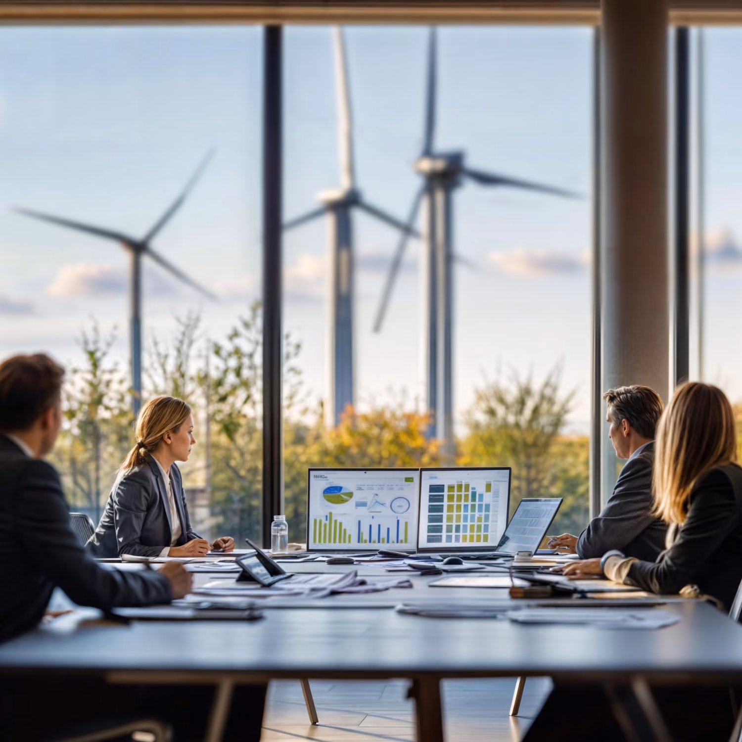 Four business professionals in a meeting room looking at computer screens displaying charts and graphs, with large windows showing wind turbines and trees outside during daylight.