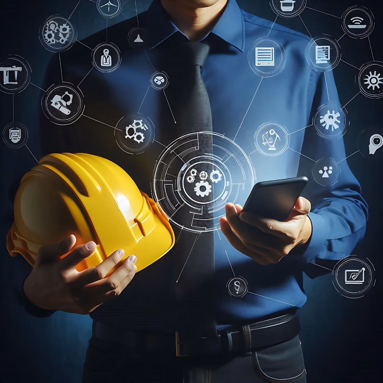 Man in dark blue dress shirt and black tie holding a yellow construction helmet in one hand and a smartphone in the other, with digital icons representing technology and engineering floating around him.