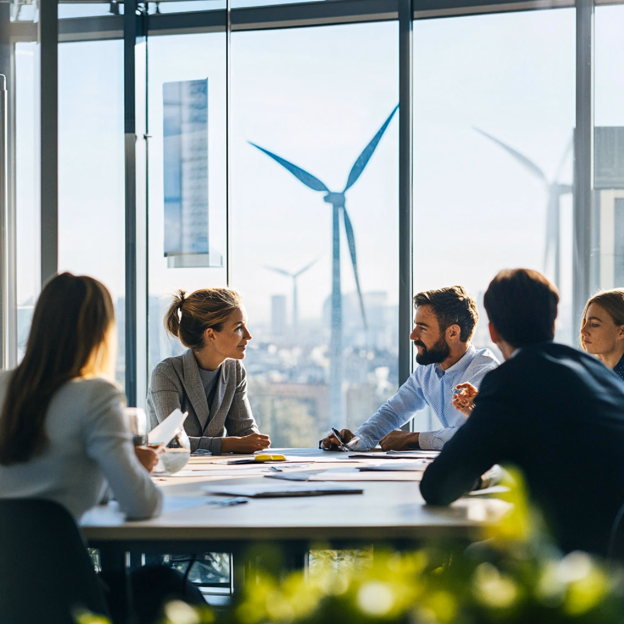 Four colleagues having a meeting in a modern office with large windows showing wind turbines outside, symbolizing renewable energy discussion.