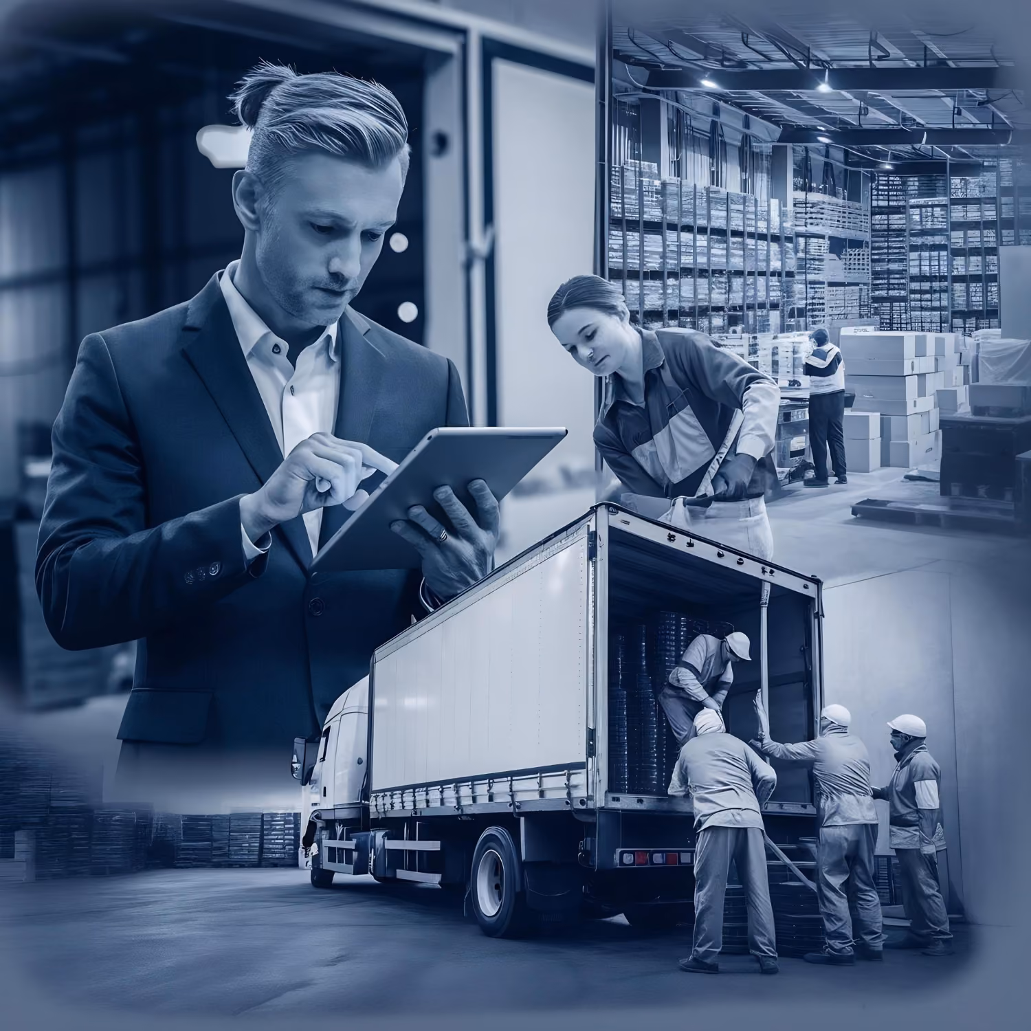 Composite image showing a man in a suit using a tablet, a woman checking inventory in a warehouse, a large storage area with shelves and boxes, and workers unloading goods from a truck.