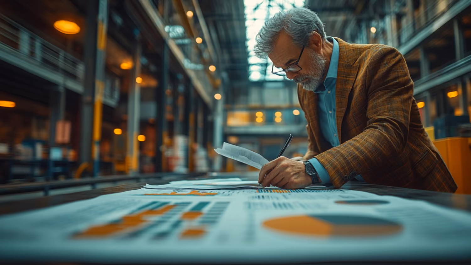 Mature man with gray hair and beard wearing glasses and a brown plaid jacket reviewing and marking documents with charts and graphs spread out on a table in an industrial-style office.