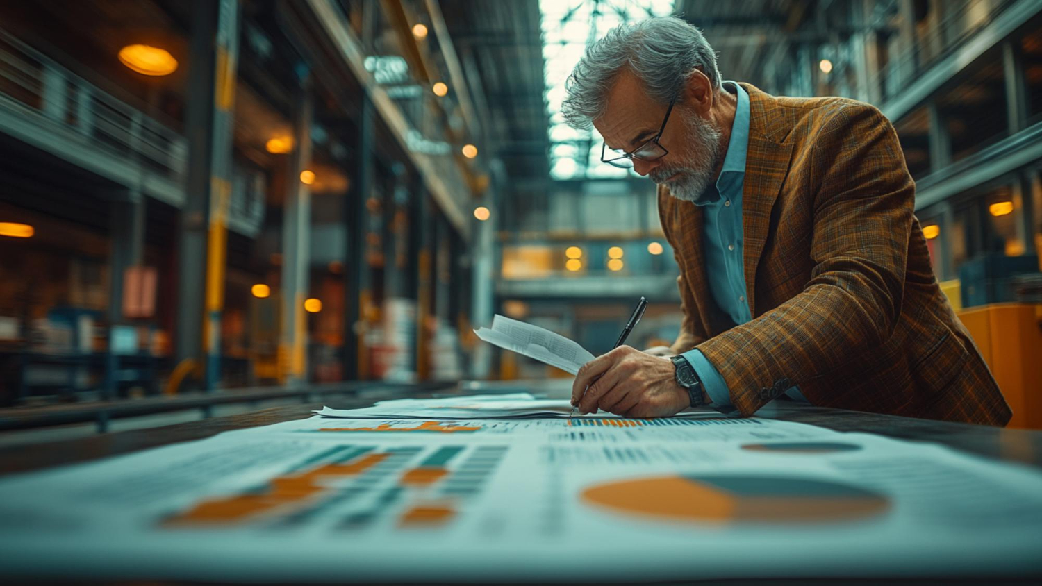 Mature man with gray hair and beard wearing glasses and a brown plaid jacket reviewing and marking documents with charts and graphs spread out on a table in an industrial-style office.