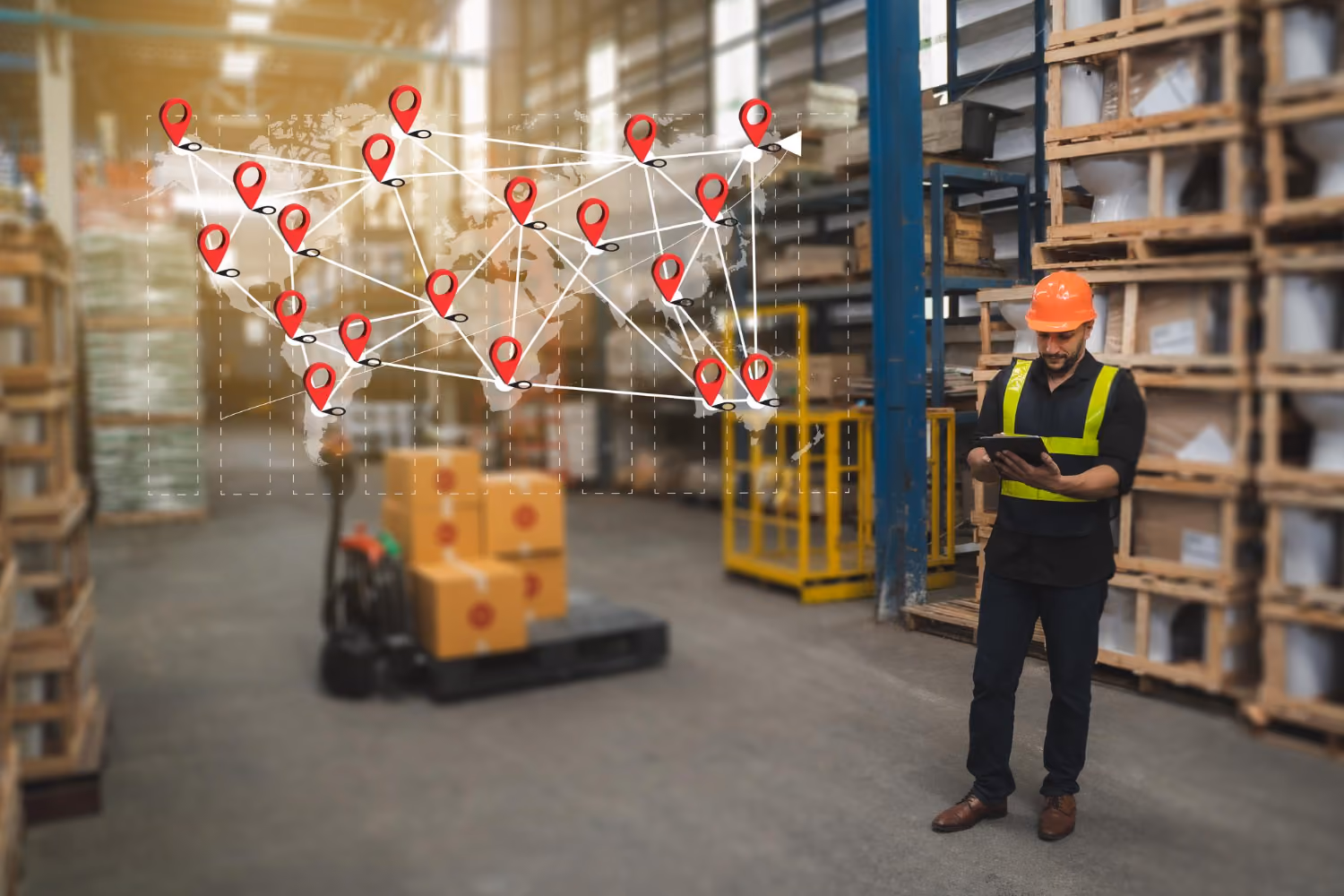 Warehouse worker wearing an orange hard hat and reflective vest standing among stacked crates while using a digital tablet, with a translucent world map and red location pins connected by lines overlay.