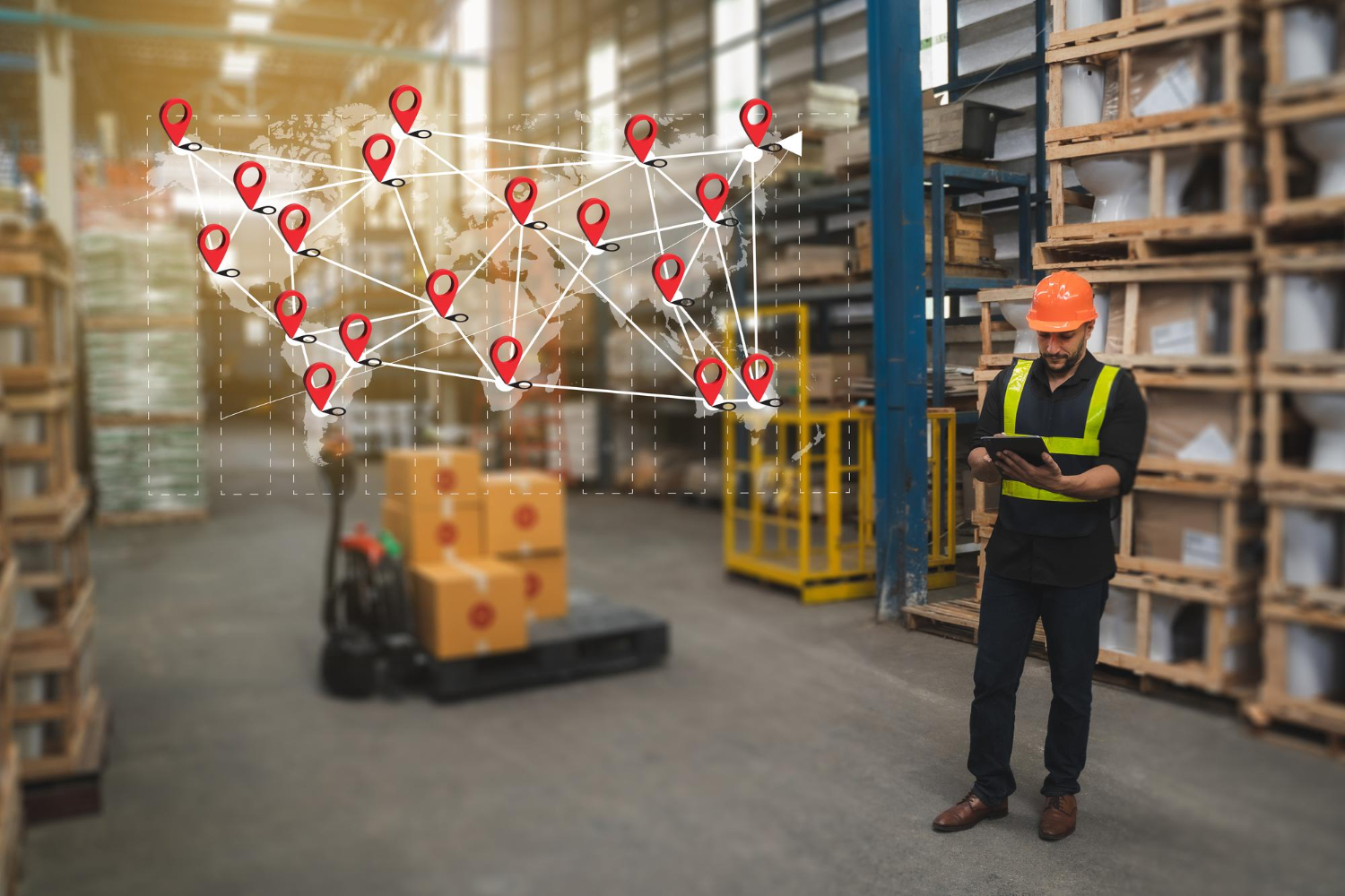 Warehouse worker wearing an orange hard hat and reflective vest standing among stacked crates while using a digital tablet, with a translucent world map and red location pins connected by lines overlay.