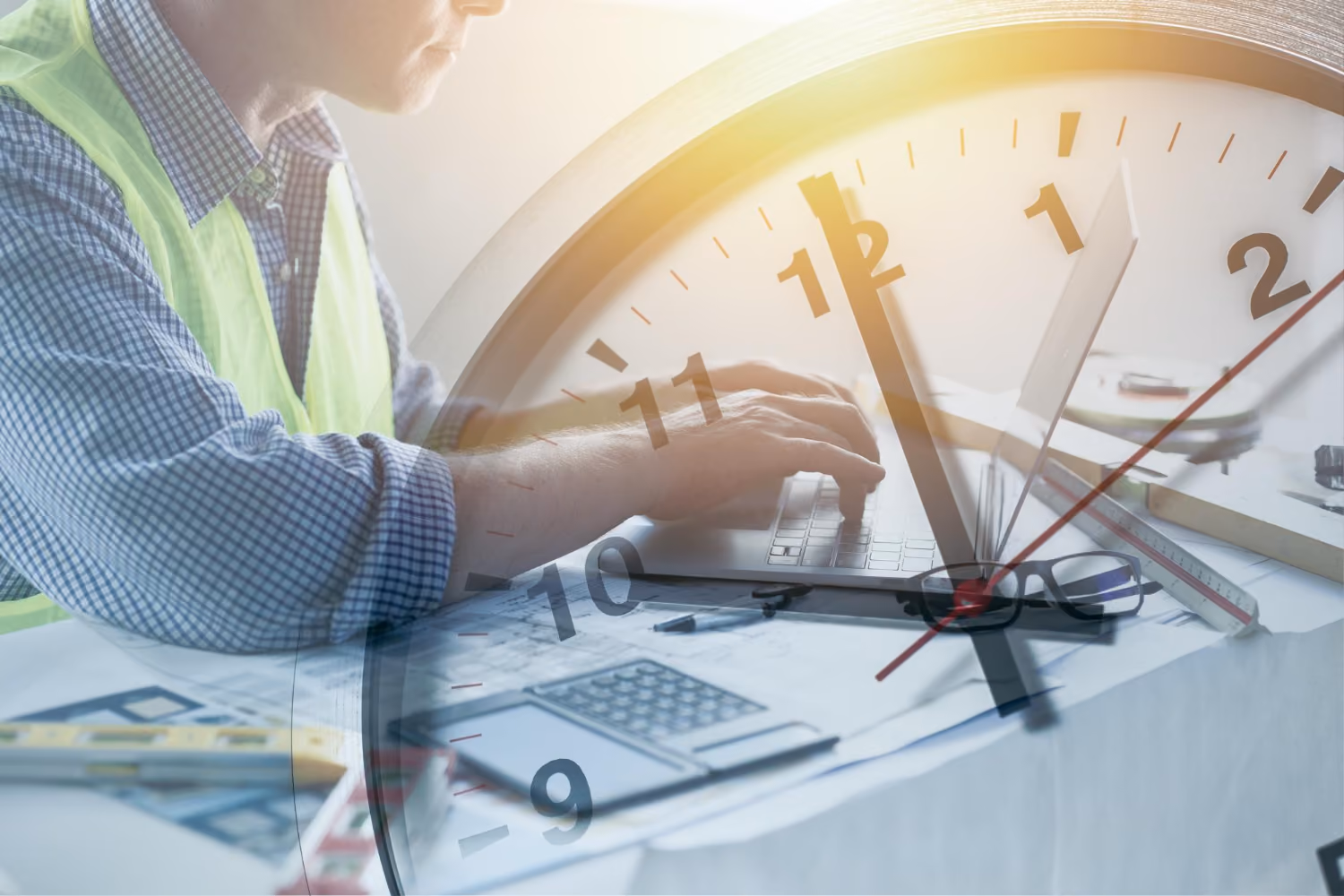 Double exposure of a person in a safety vest working on a laptop at a desk with architectural plans and tools, overlaid with a large clock face showing the time at about 12:05.