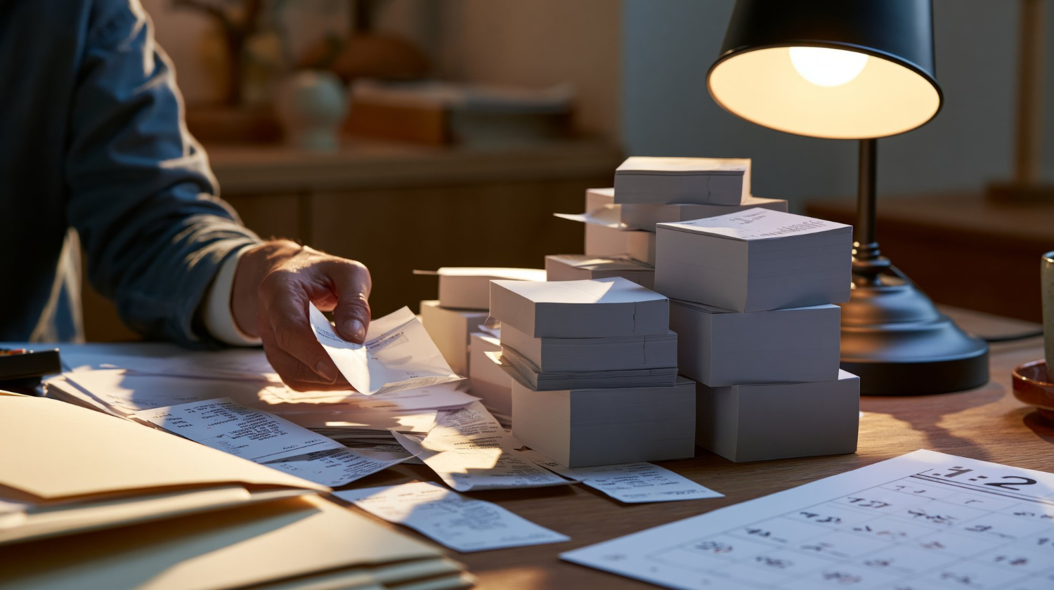Person sorting through stacks of paper receipts on a wooden desk illuminated by a black table lamp.