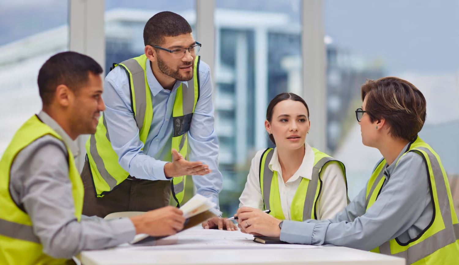 Four construction professionals wearing yellow safety vests having a discussion around a white table with documents and notebooks in a bright office space.