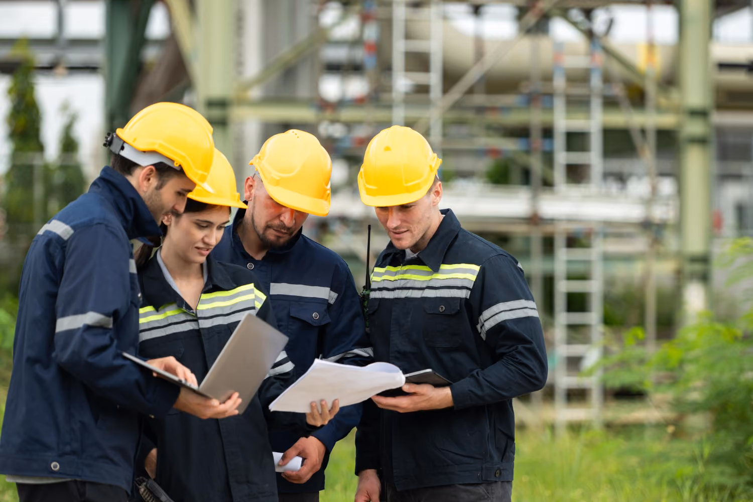 Four construction workers wearing yellow hard hats and navy blue jackets with reflective stripes stand together outdoors, looking at papers and a laptop, with industrial scaffolding in the background.
