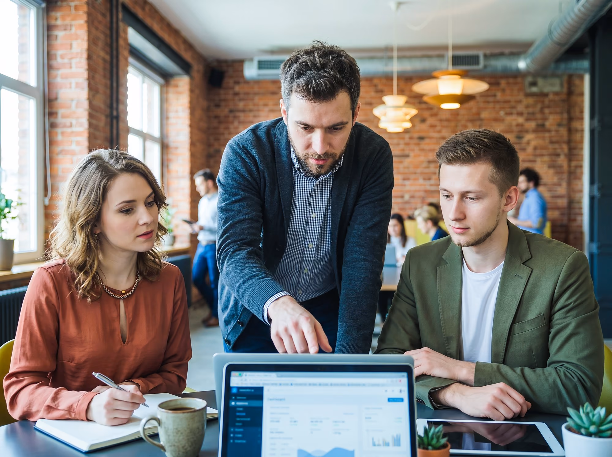 Three young professionals in an office discuss data displayed on a laptop screen, with a woman taking notes and a man pointing at the screen while another man attentively watches.