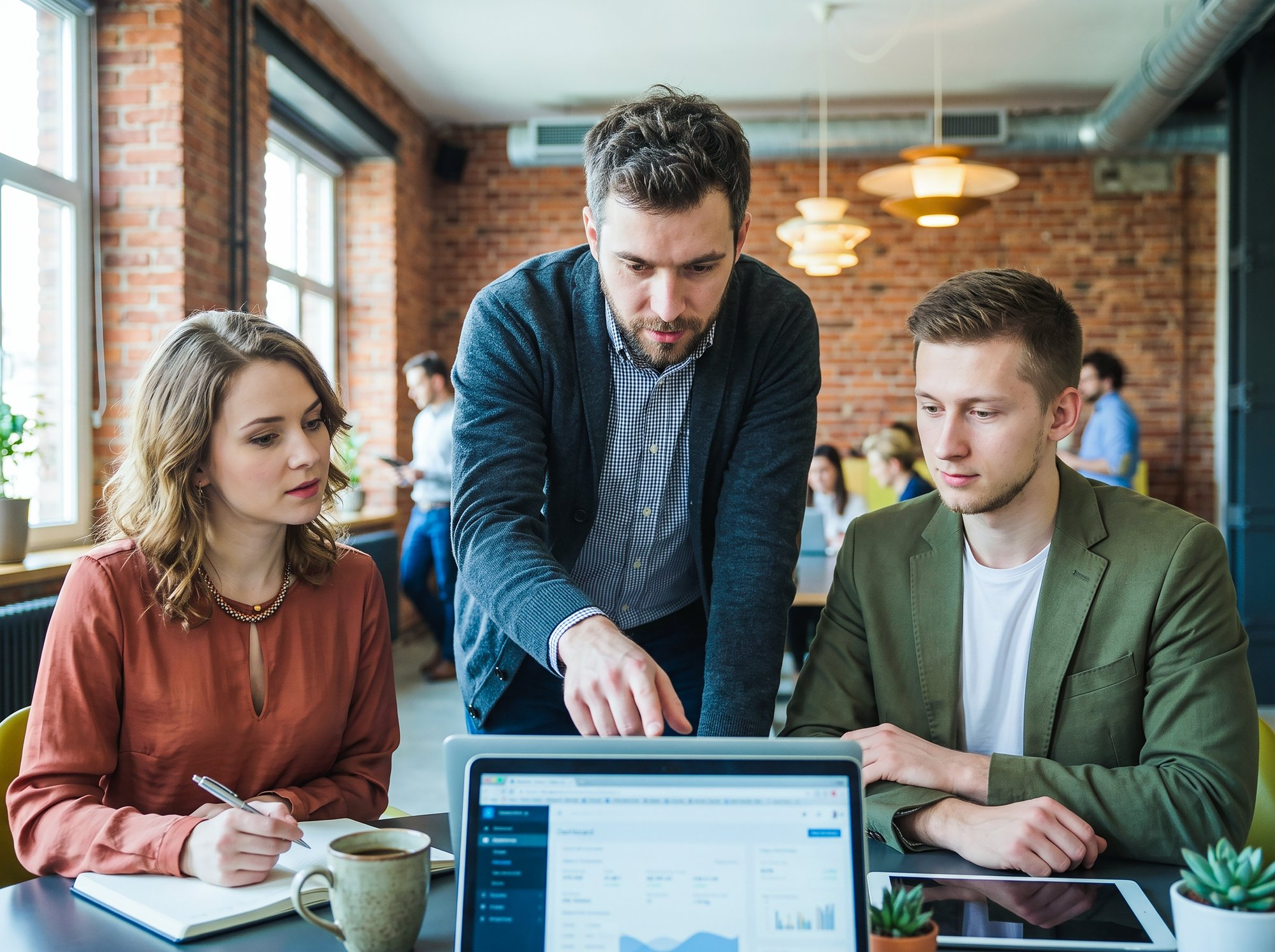 Three young professionals in an office discuss data displayed on a laptop screen, with a woman taking notes and a man pointing at the screen while another man attentively watches.