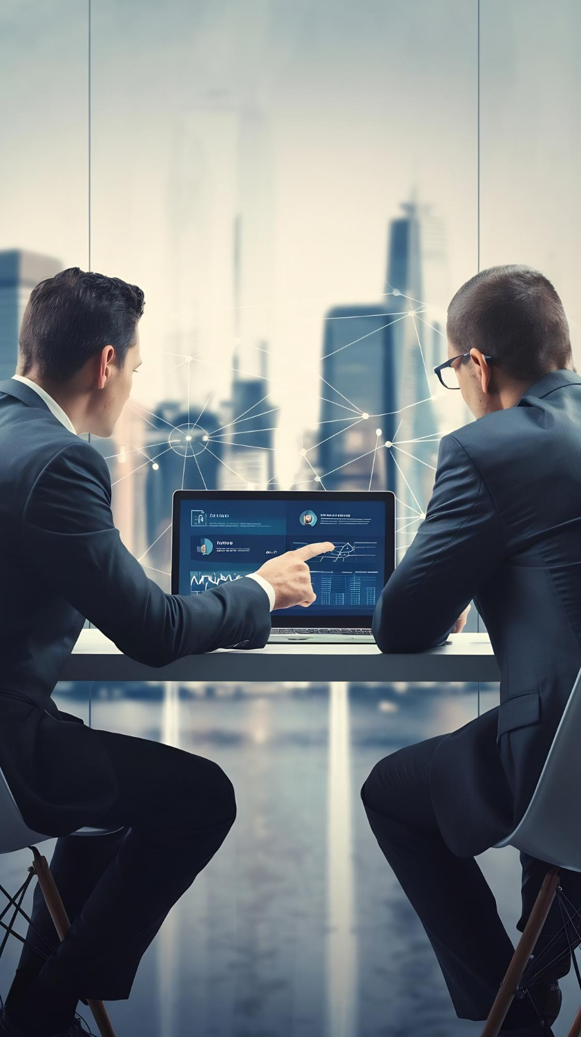 Two business professionals in suits sit at a table facing a city skyline, discussing data displayed on a laptop screen with charts and graphs, one person pointing at the screen.