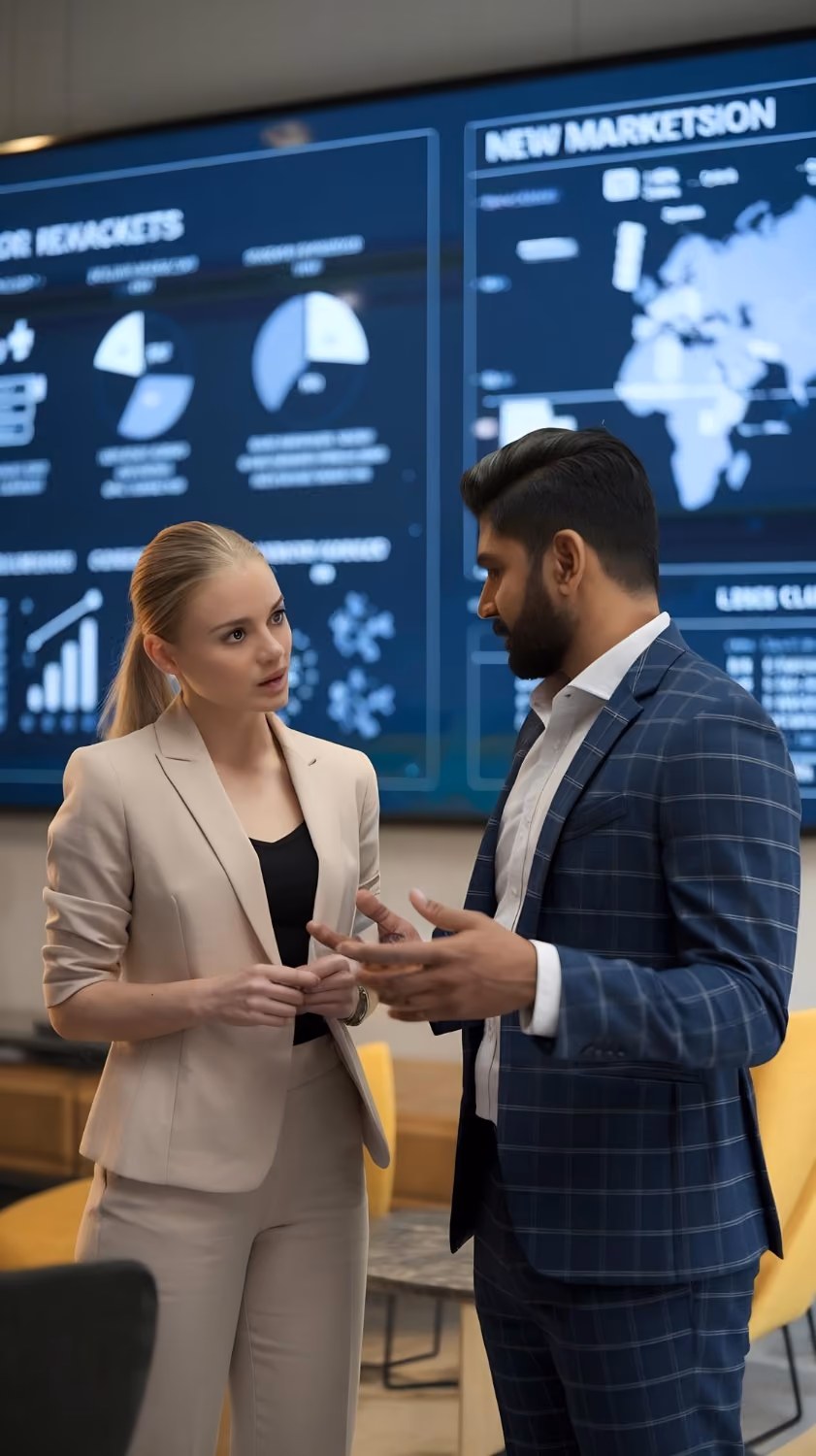 Two business professionals, a woman in a beige suit and a man in a blue checkered suit, having a discussion in front of large display screens showing charts and a world map with the title 'New Markets'.