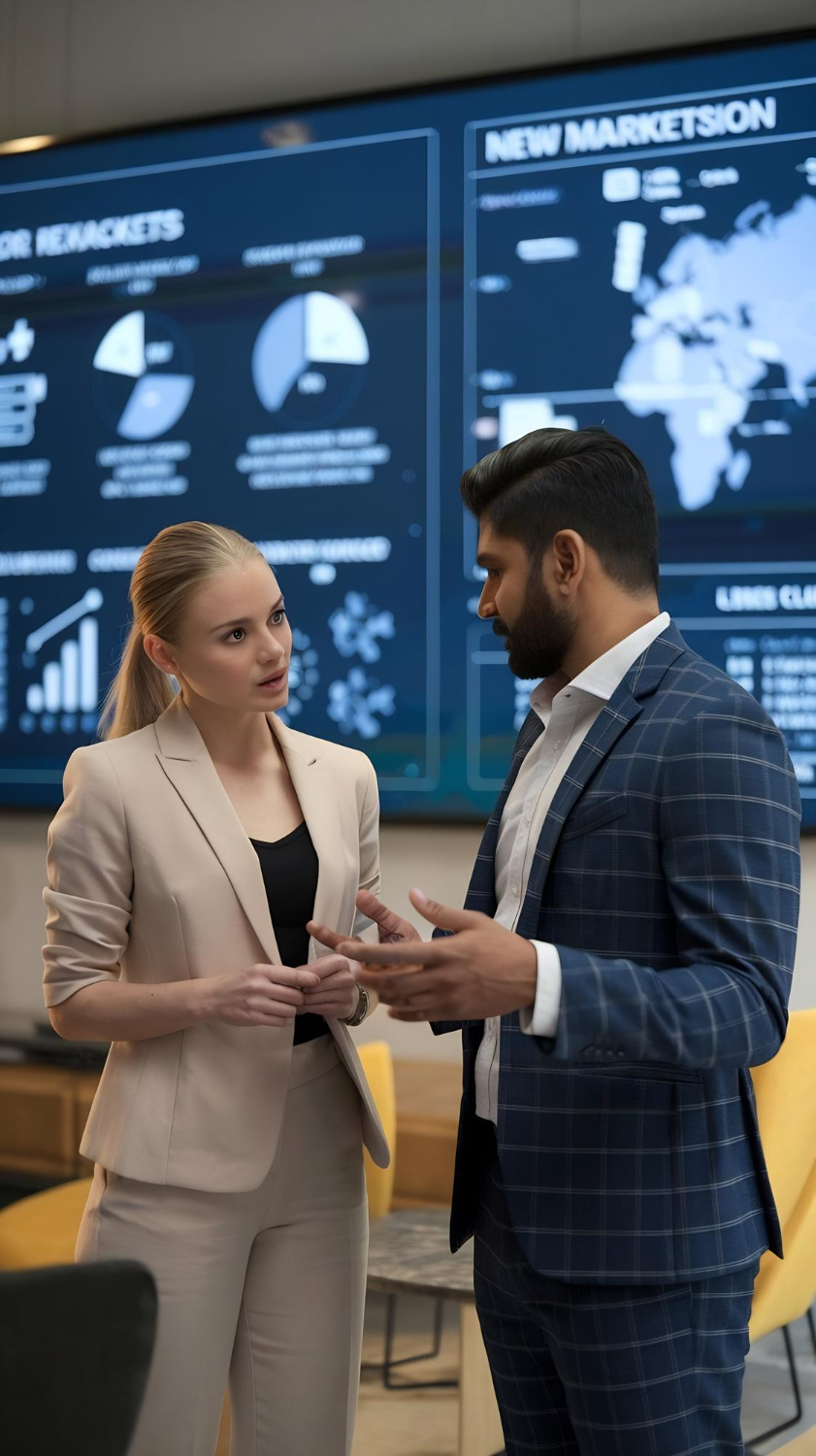 Two business professionals, a woman in a beige suit and a man in a blue checkered suit, having a discussion in front of large display screens showing charts and a world map with the title 'New Markets'.