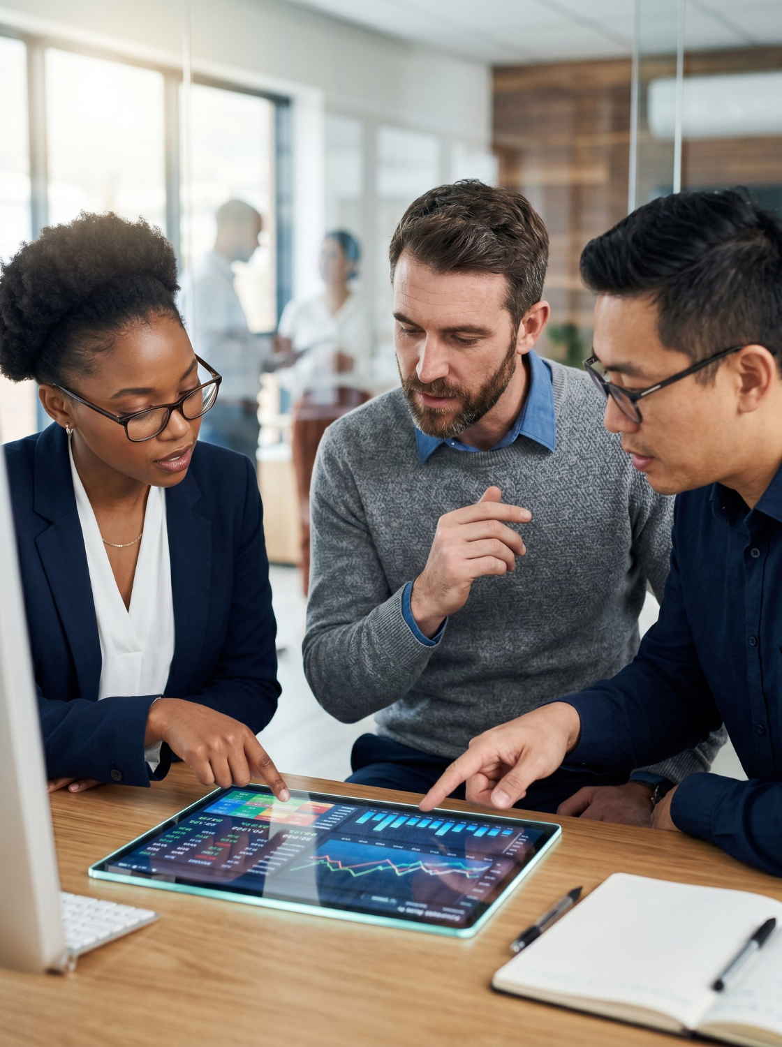 Three colleagues in an office collaborating and pointing at financial graphs and data displayed on a horizontal touchscreen tablet on a wooden table.