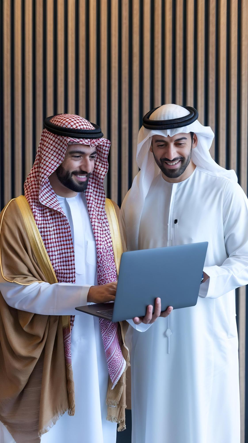 Two Middle Eastern men wearing traditional attire smiling and looking at a laptop together in front of a vertical striped wooden wall.