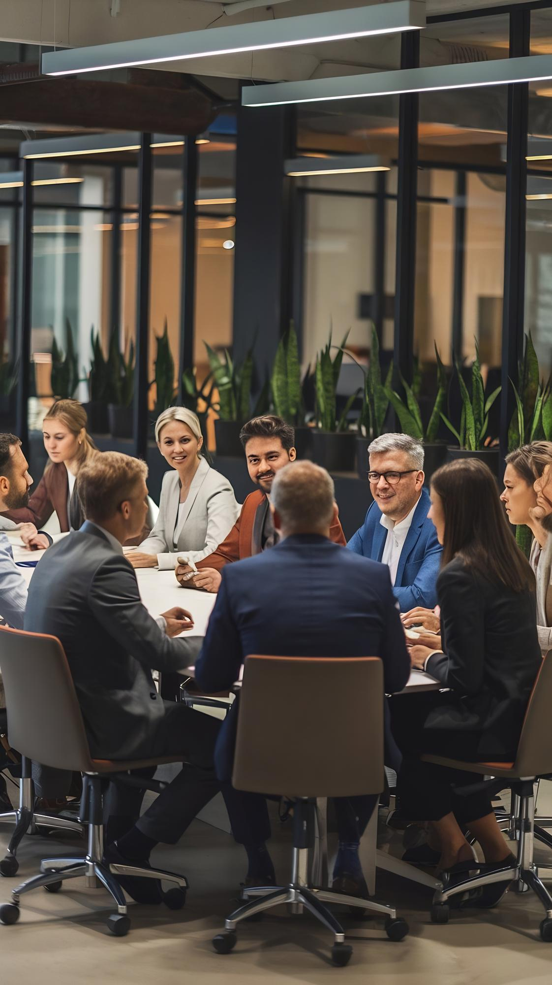A group of business professionals sitting around a conference table in a modern office having a meeting, with plants and large glass partitions in the background.
