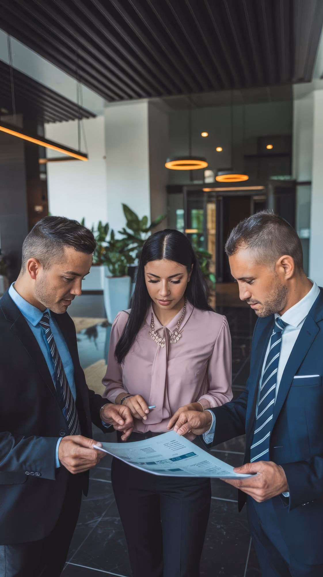 Three business professionals standing in a modern office lobby, closely reviewing a document together, with two men in suits and a woman in a pink blouse.