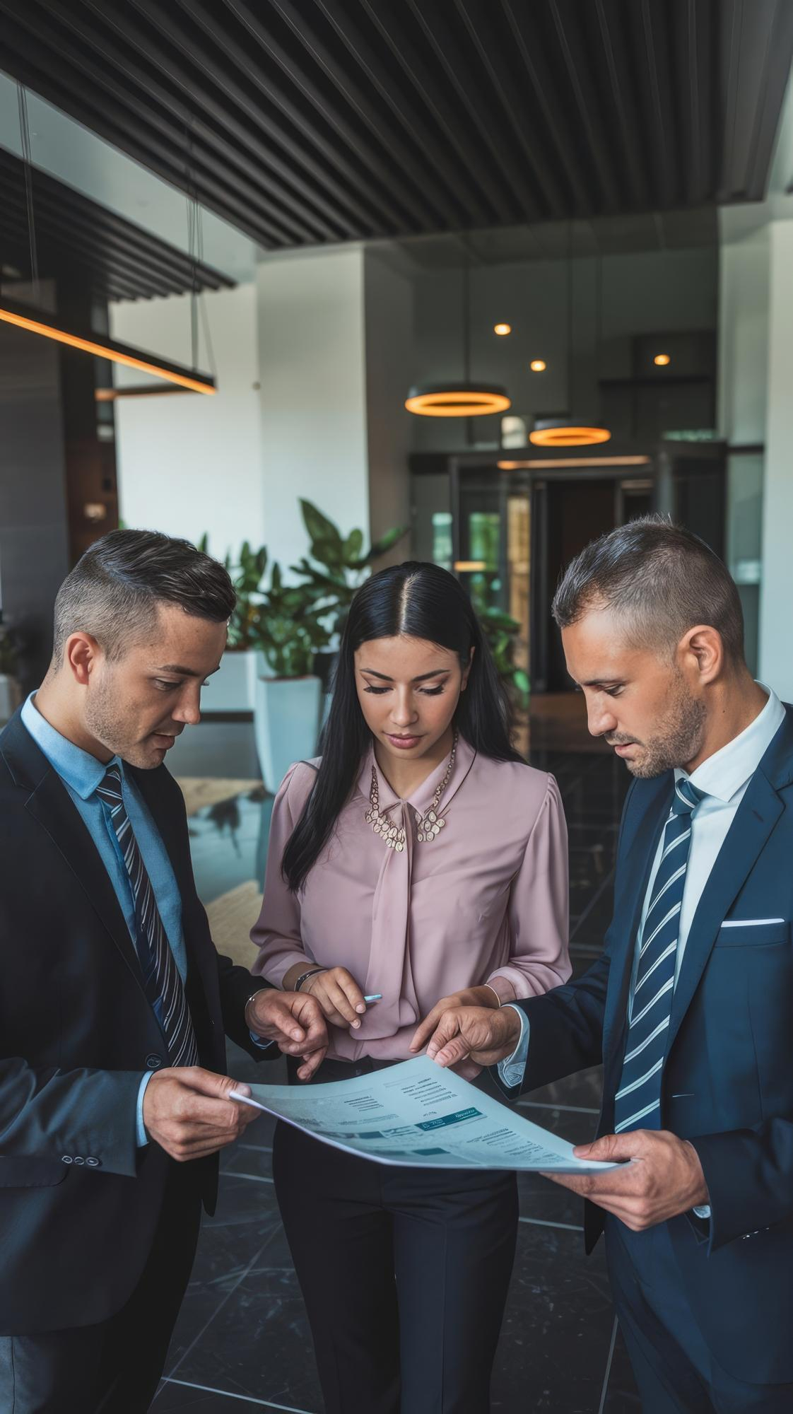 Three business professionals standing in a modern office lobby, closely reviewing a document together, with two men in suits and a woman in a pink blouse.