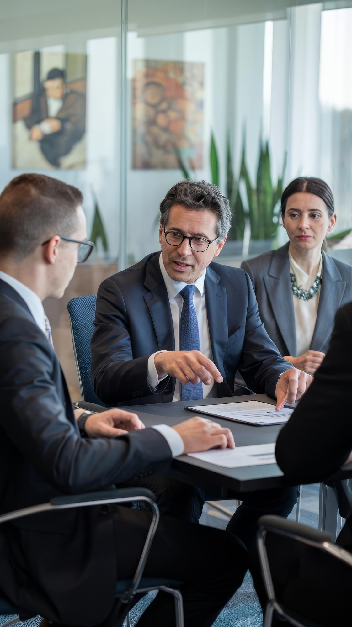 A group of four business professionals in suits sitting around a table in a modern office during a discussion, with one man pointing at a document on a tablet.