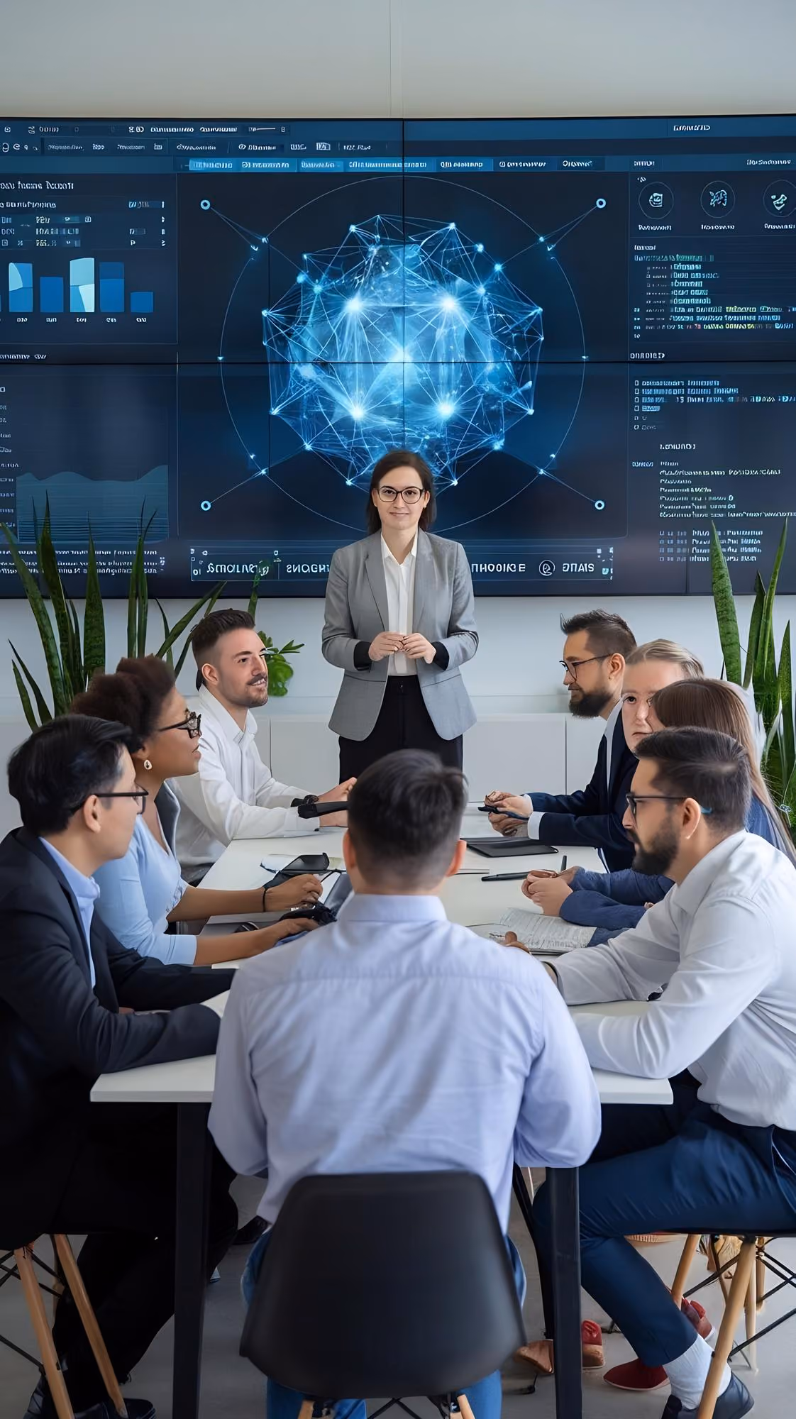 A businesswoman in a gray blazer and glasses stands at the head of a table presenting to eight seated colleagues in a modern conference room, with a large digital screen behind her displaying a glowing network graphic and data charts.