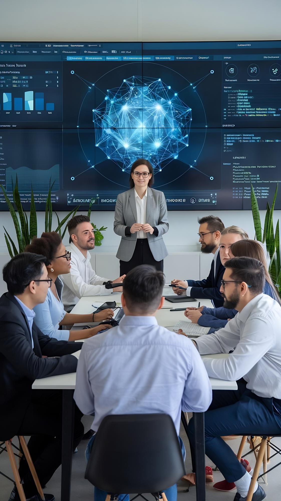 A businesswoman in a gray blazer and glasses stands at the head of a table presenting to eight seated colleagues in a modern conference room, with a large digital screen behind her displaying a glowing network graphic and data charts.