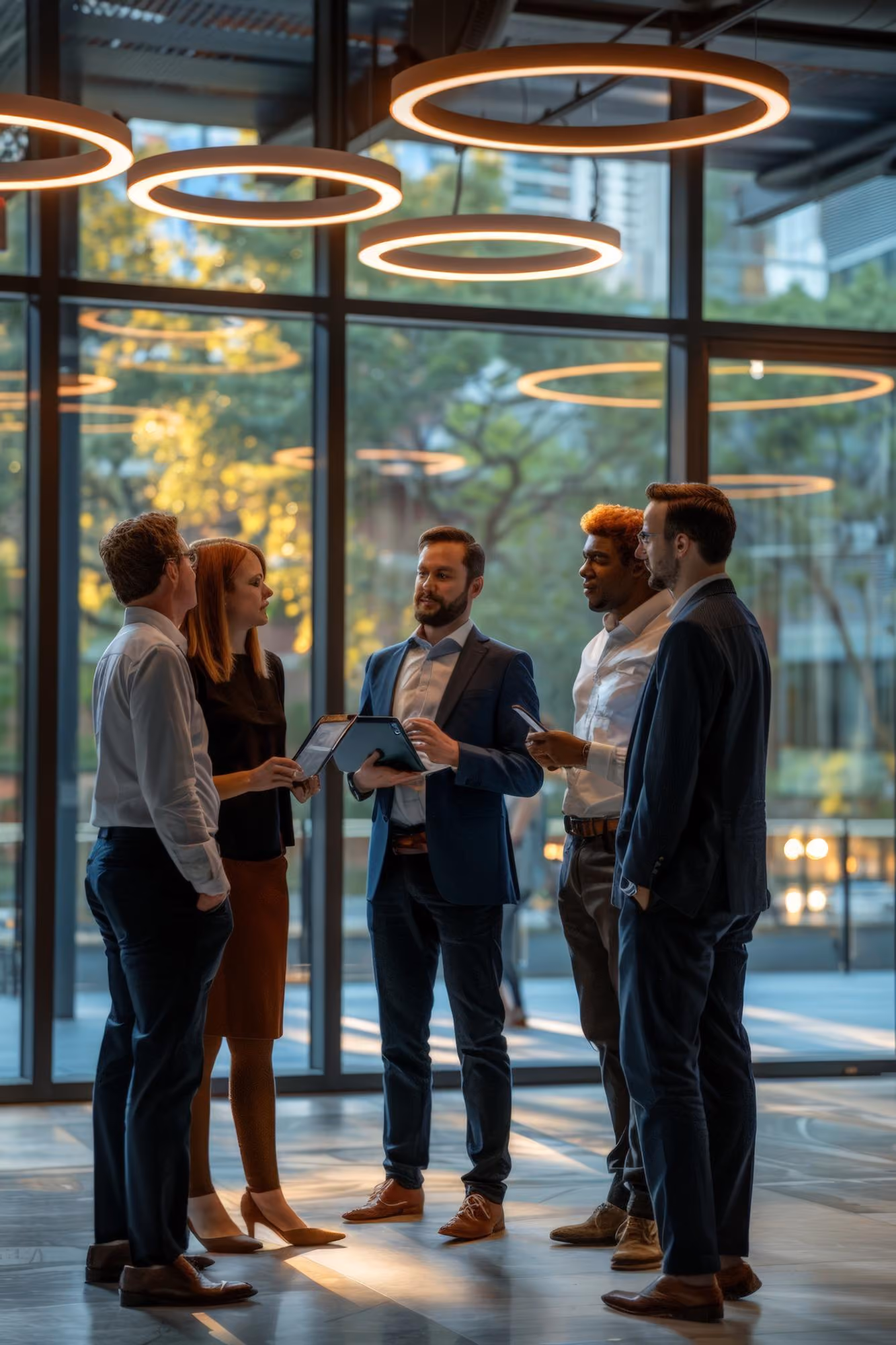 Five professionally dressed colleagues having a discussion inside an office lobby with large windows and modern circular ceiling lights during daylight.