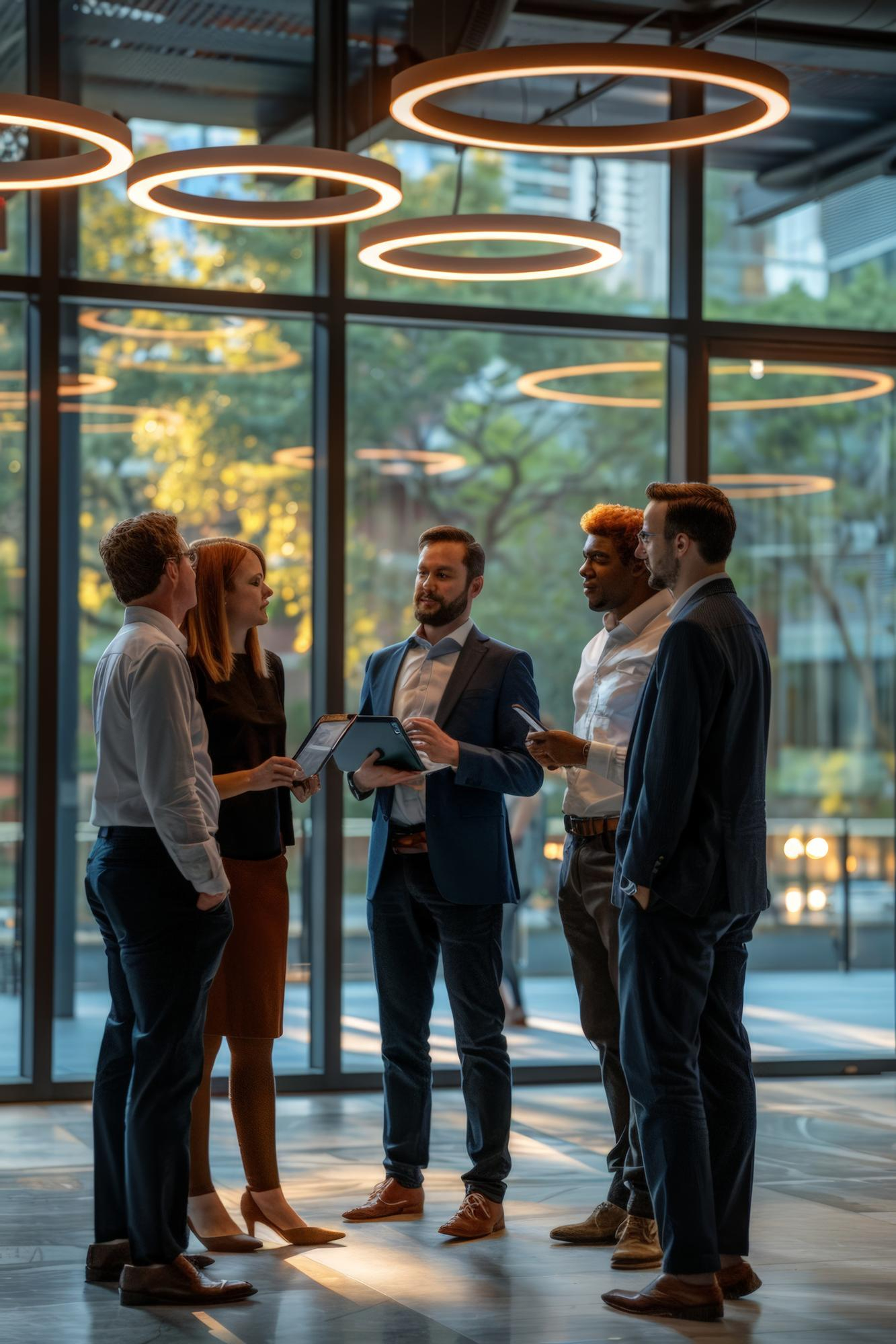 Five professionally dressed colleagues having a discussion inside an office lobby with large windows and modern circular ceiling lights during daylight.