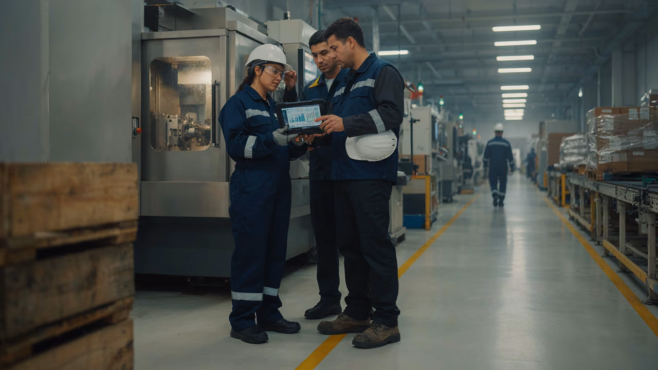 Manufacturing professionals reviewing production and operational data on a factory floor
