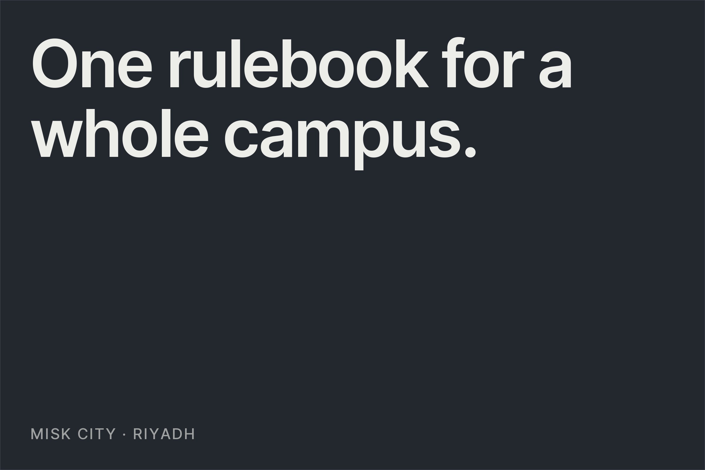 Typographic card reading "One rulebook for a whole campus."