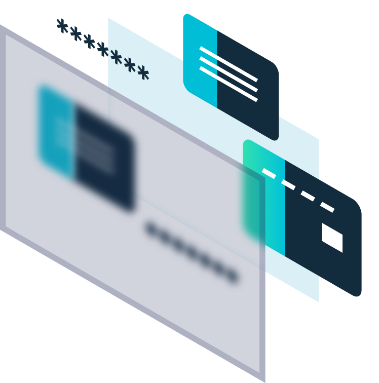 A stylized image of credit cards and passwords hidden by data masking.