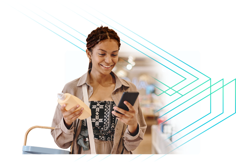A woman holding a beauty product and a phone representing how Ulta Beauty prevents bot attacks with Cequence