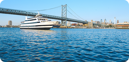 Image of a cruise ship on the bay going under the bridge representing the AWS Edge Security Cruise