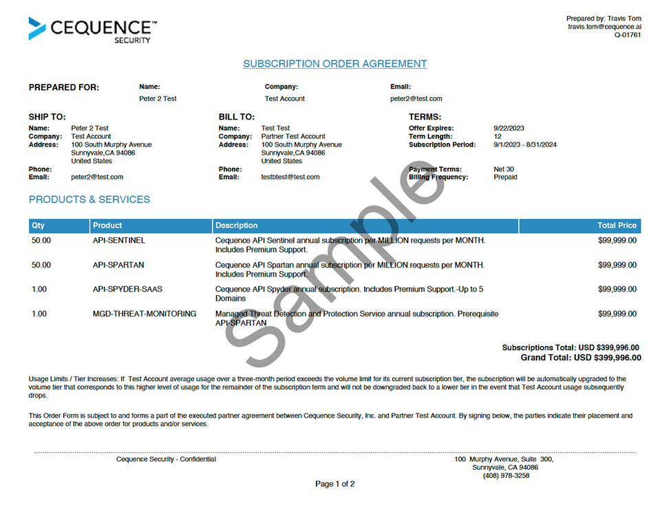 Sample subscription order agreement