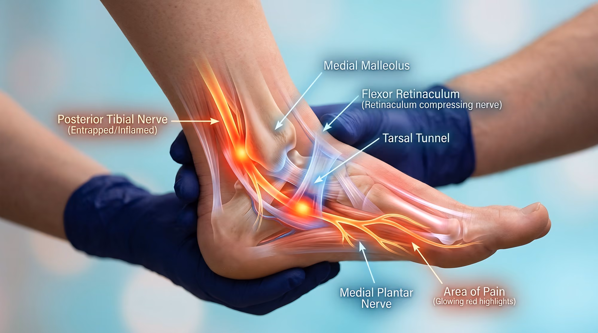 Illustration of the tarsal tunnel and the posterior tibial nerve inside the ankle