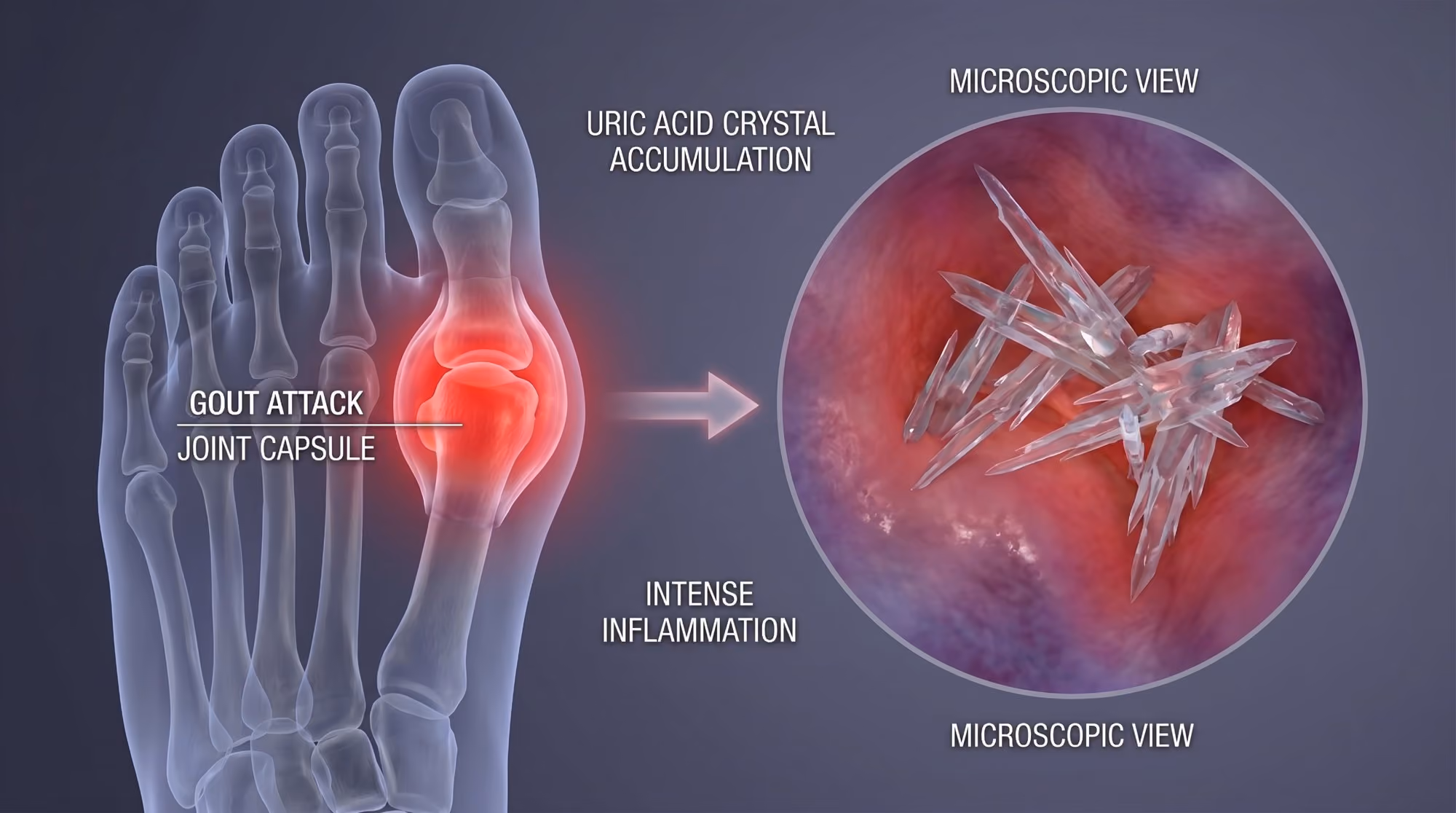 Illustration of a gout attack in the big toe joint with uric acid crystals