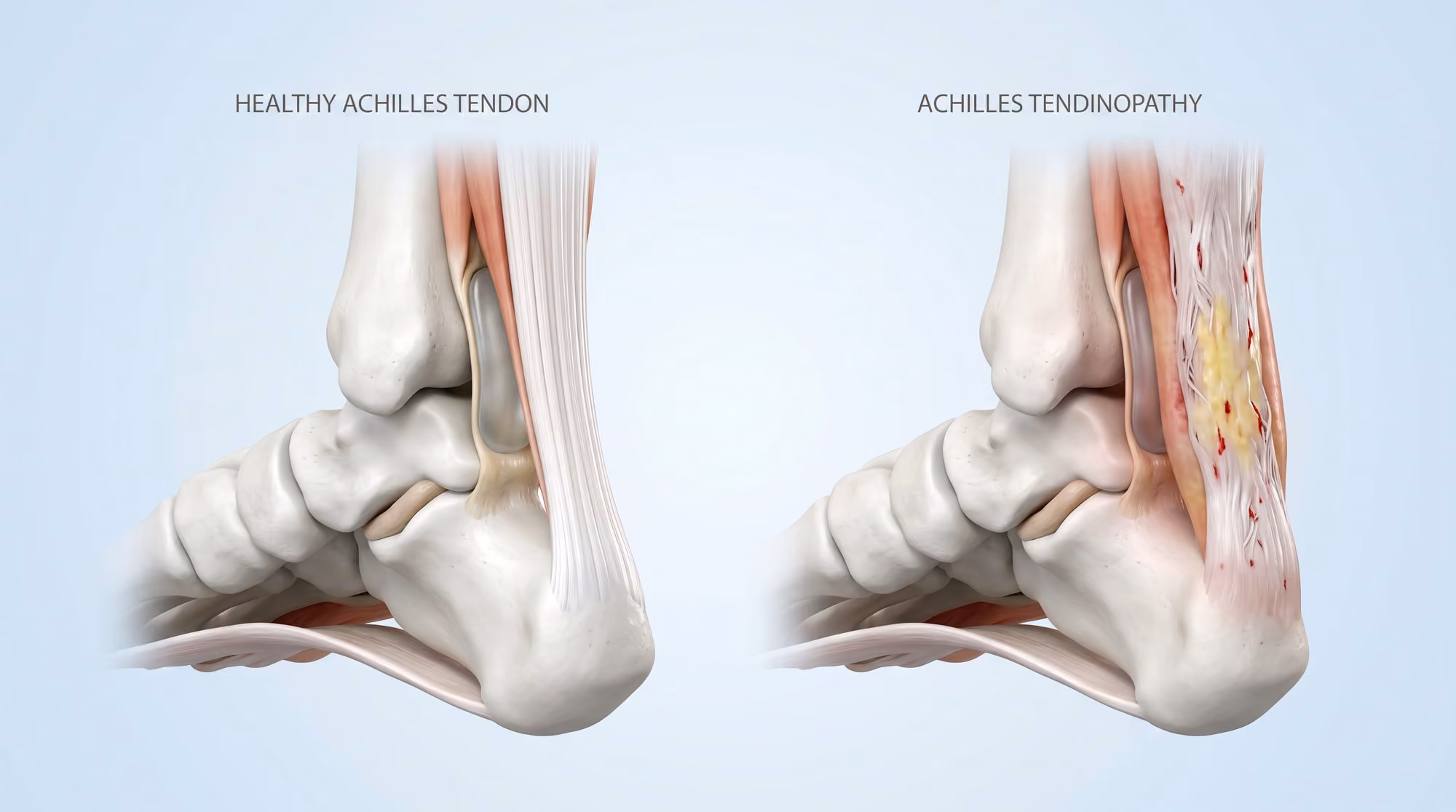 Illustration comparing a healthy Achilles tendon with Achilles tendinopathy