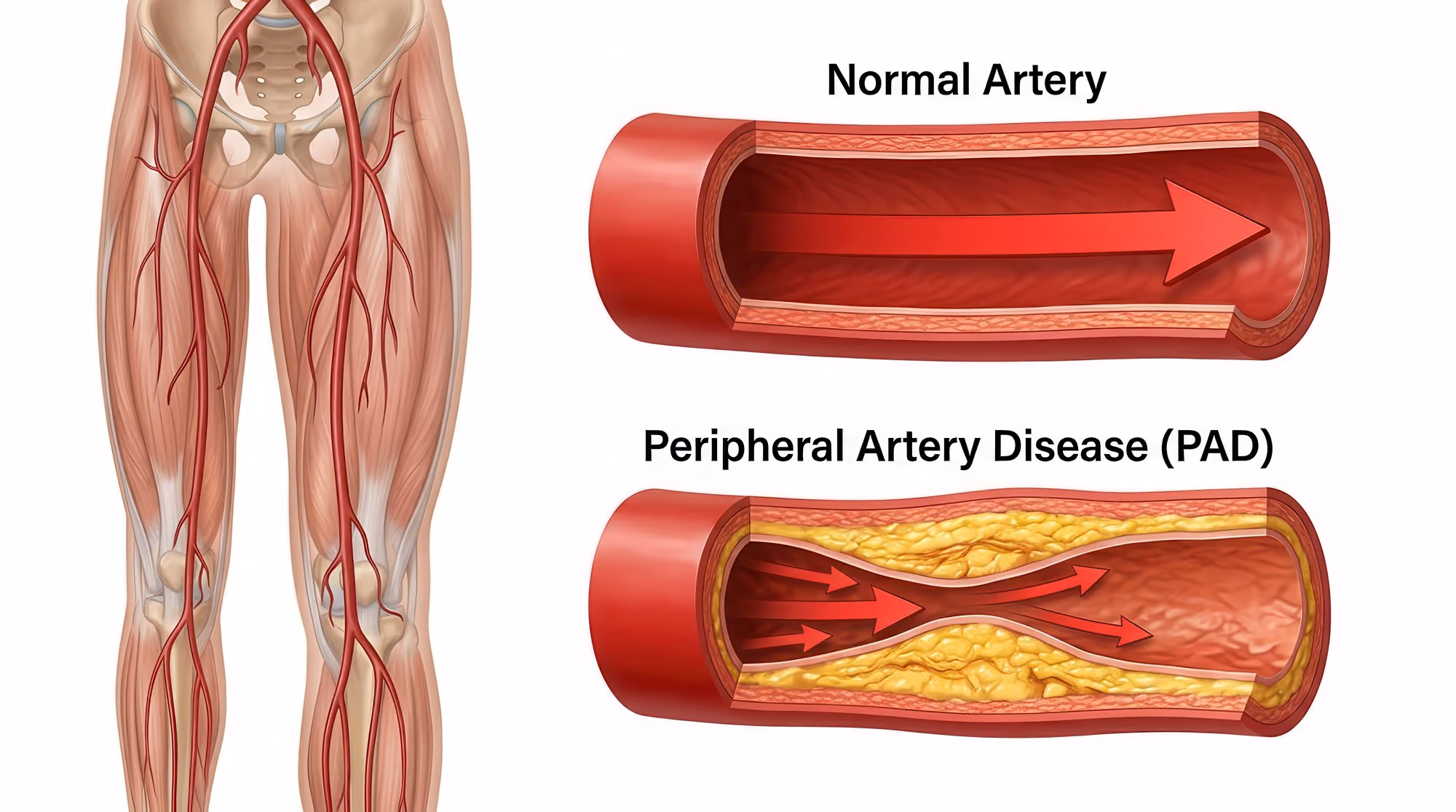 Illustration comparing a normal artery with an artery narrowed by peripheral arterial disease