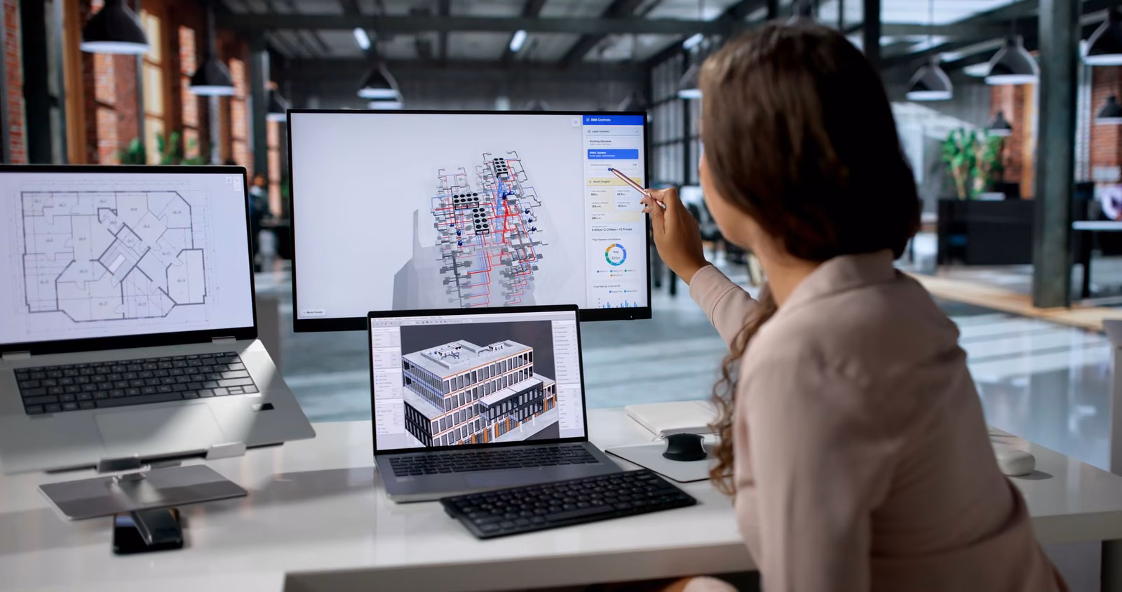 Facility manager devant la maquette numérique d'un bâtiment affichée sur plusieurs écrans