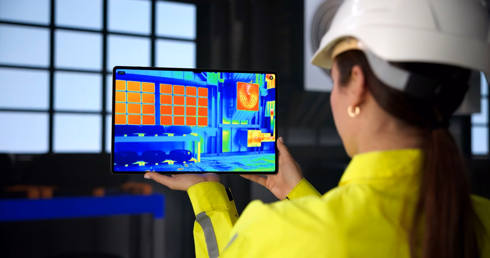Ingénieure en casque de chantier montrant une image thermique sur une tablette