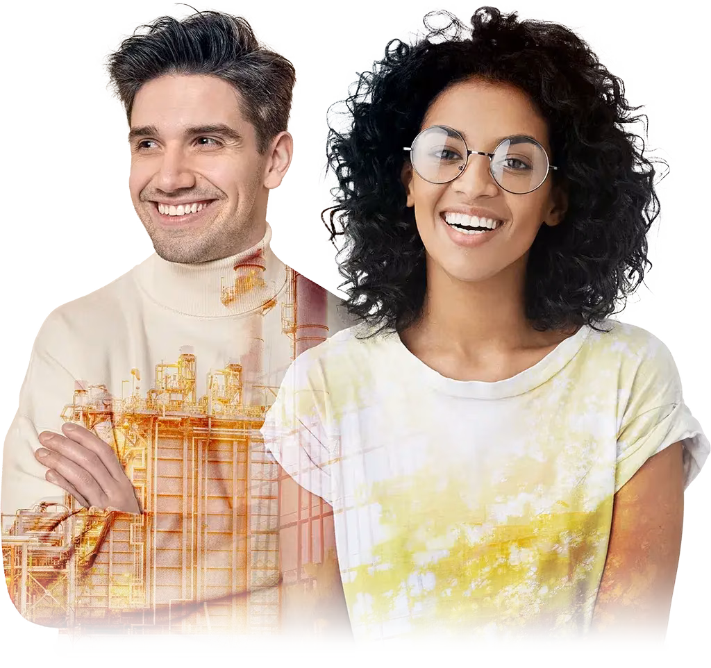 Homme et femme souriants, en double exposition avec une installation industrielle