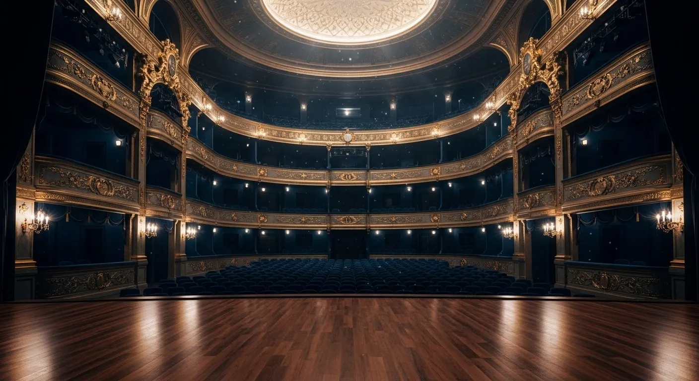 Interior view of an empty ornate theater with wood stage floor, blue seats, and gold detailing on balconies under a decorated dome ceiling.