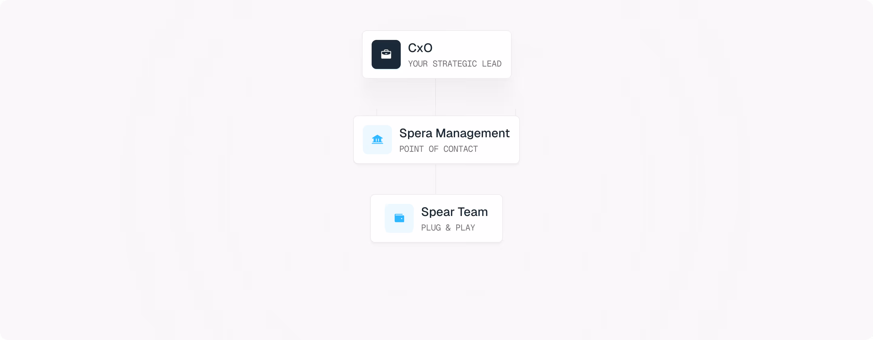 Org chart with CxO as strategic lead, Spera Management as point of contact, and Spear Team plug & play.