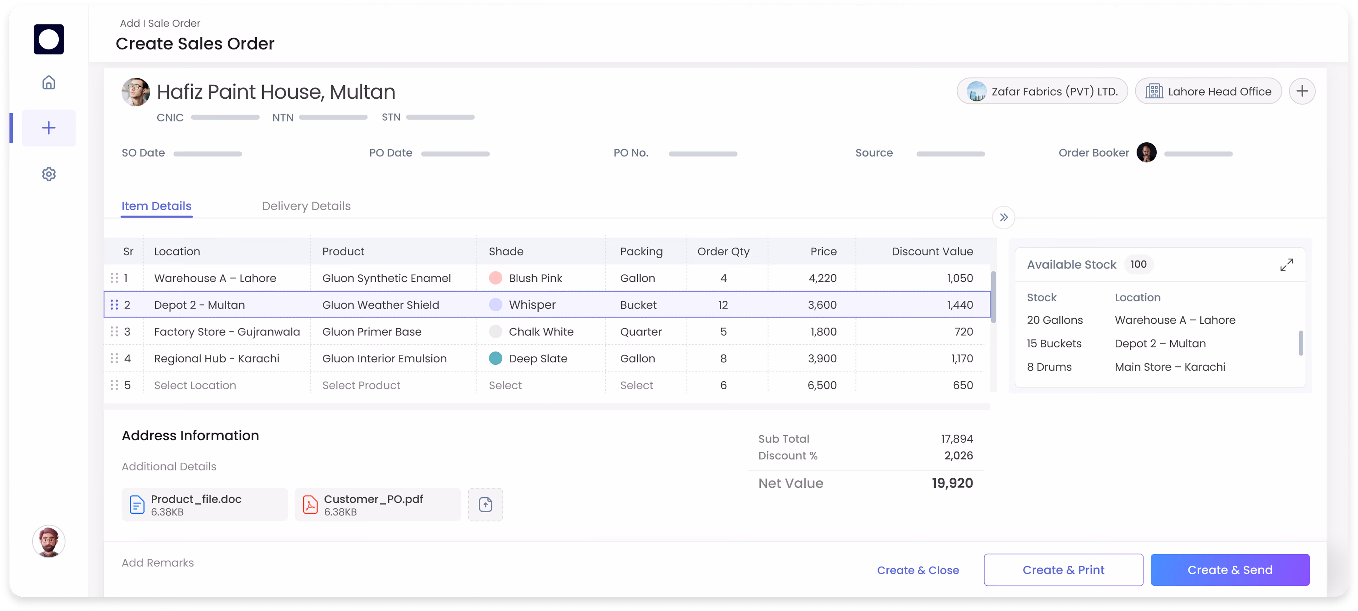 Create Sales Order form with item details table, available stock panel, and order total summary.