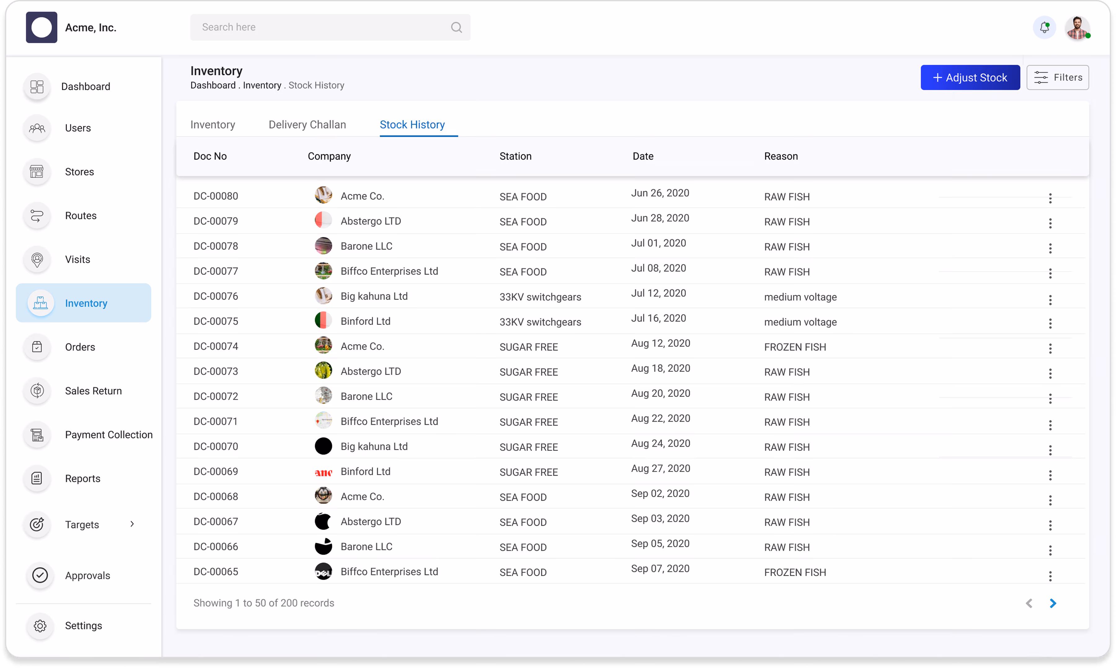 Inventory Stock History page listing stock adjustment records with document number, company, station, date, and reason.