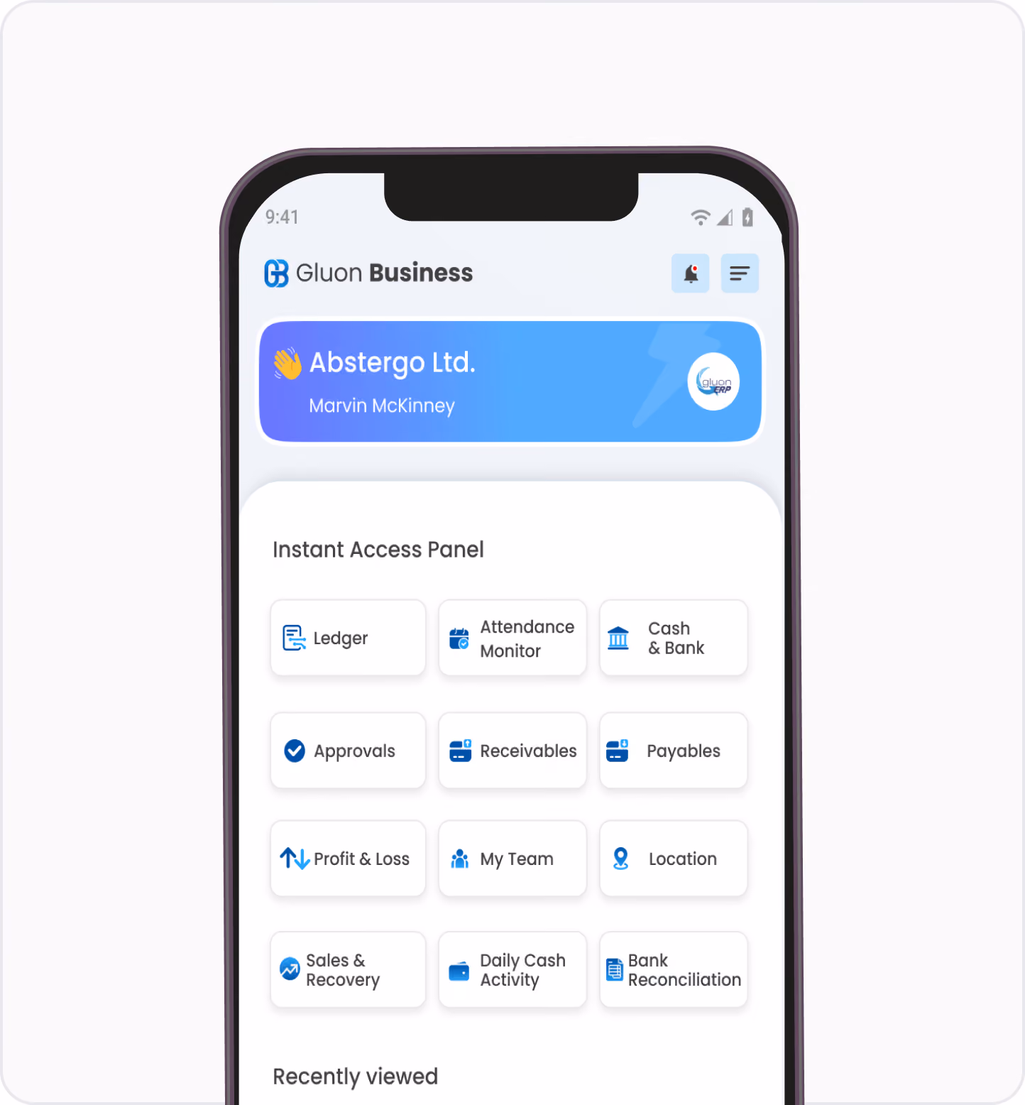 Gluon Business app home screen with an Instant Access Panel of shortcuts to Ledger, Approvals, Receivables, and other modules.